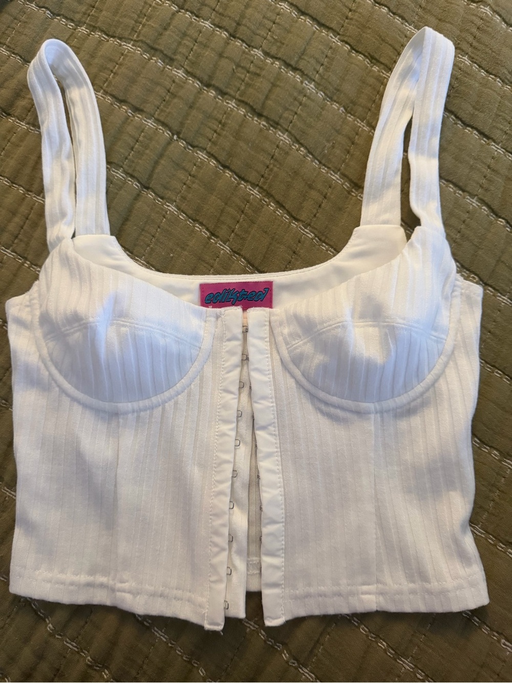 Edikted White Ribbed Bustier Crop Top with Hook Front